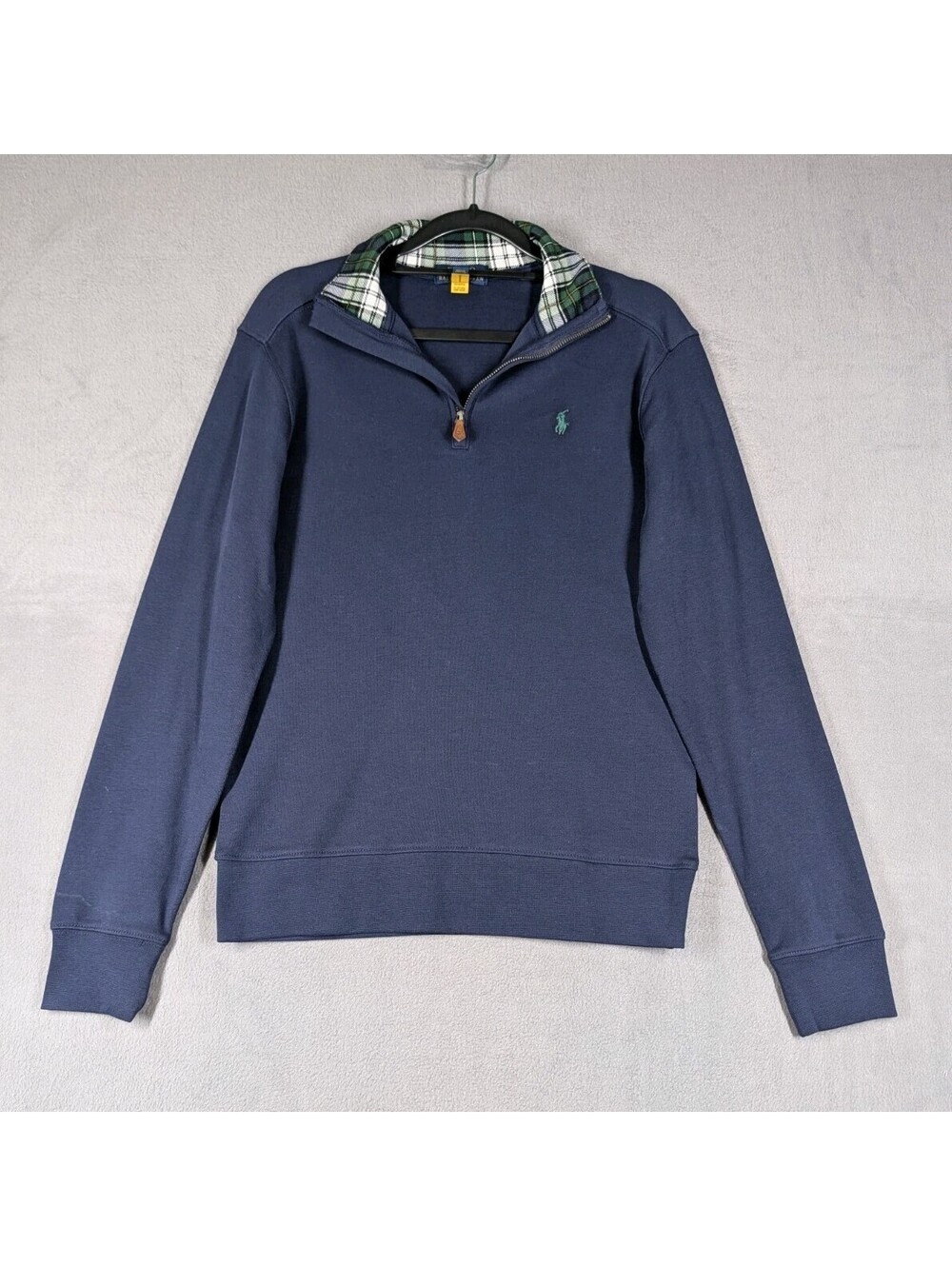 Polo Ralph Lauren Youth Large Blue Quarter Zip Pony Sweatshirt Plaid Trim Cotton